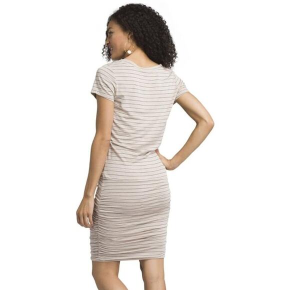 Prana Foundation Beige Stripe Midi Short Sleeve Tee Shirt Dress Women's S NWOT - Picture 2 of 8